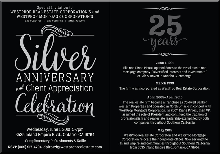 June 1, 2016 Silver Anniversary and Client Appreciation Celebration Invitation from WestProp Real Estate